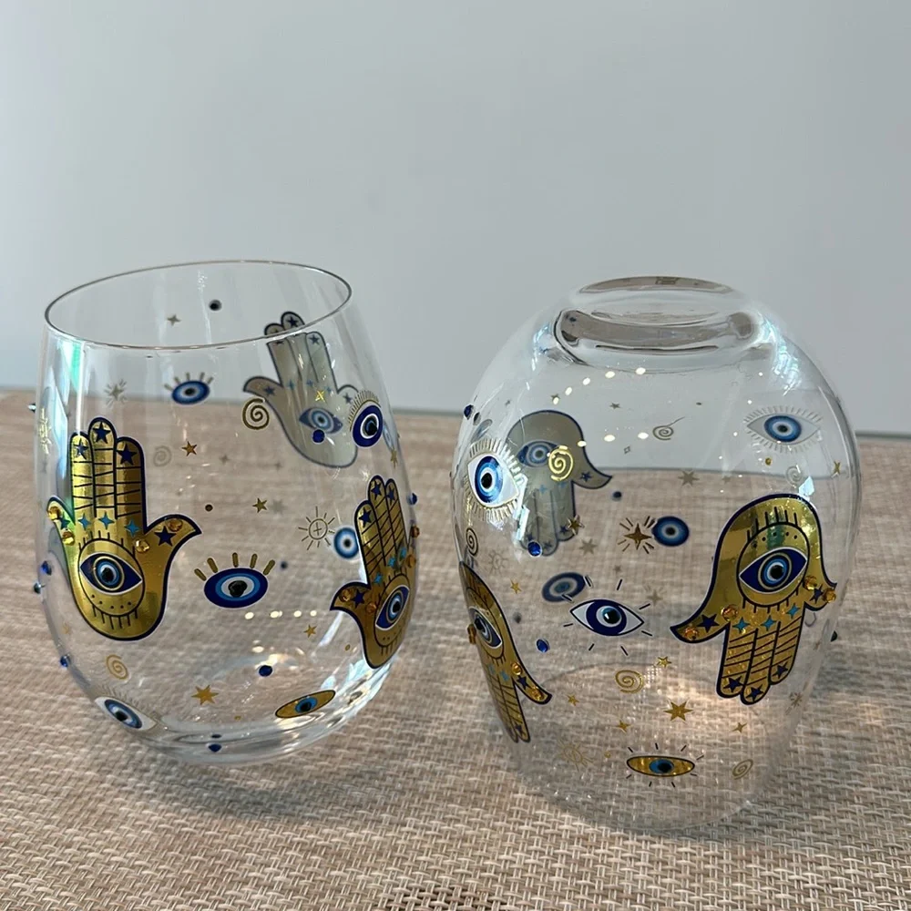 LOVE + LIGHT Wine Glasses Set Of 2 Hamsa Stemless Hamsa Evil Eye Stemless